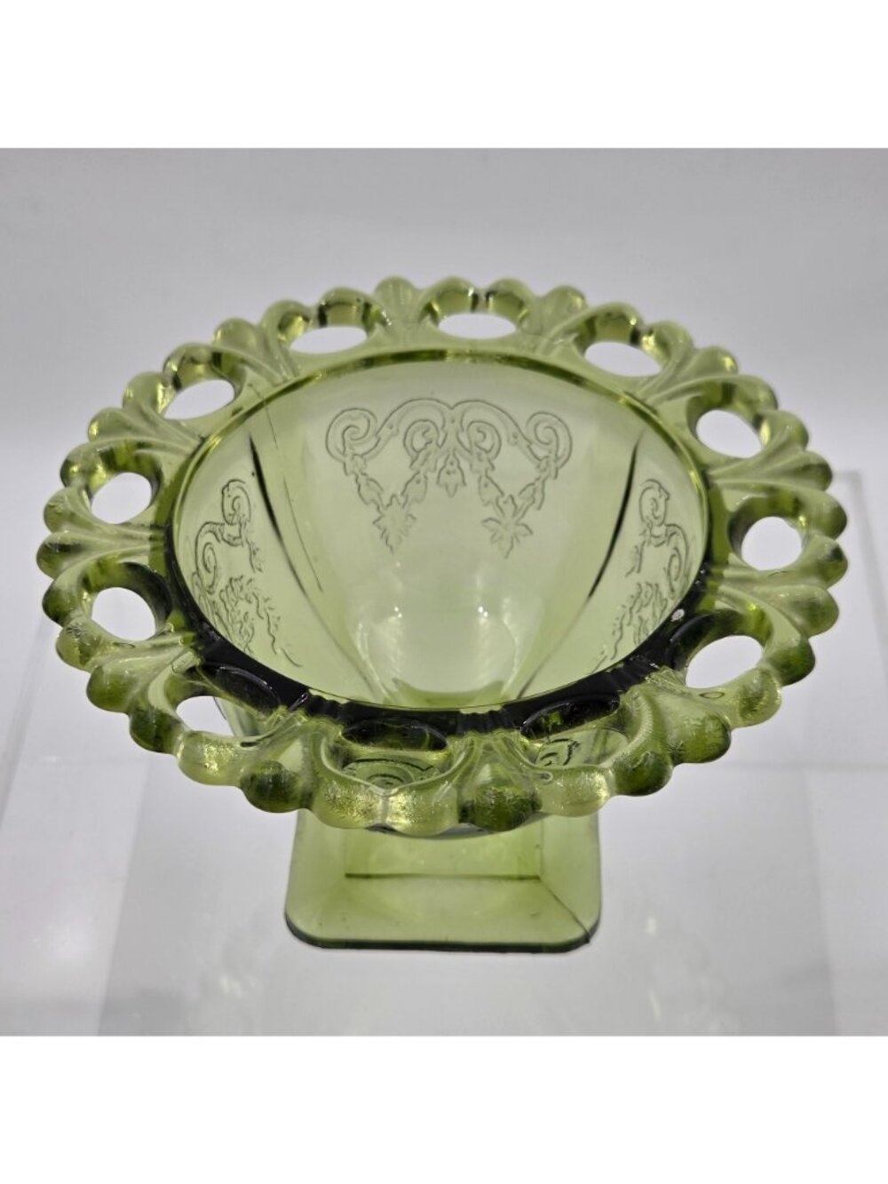 Indiana Glass Lorain Basket Design Avocado Green Glass Footed Lace Trim Planter - Picture 3 of 6